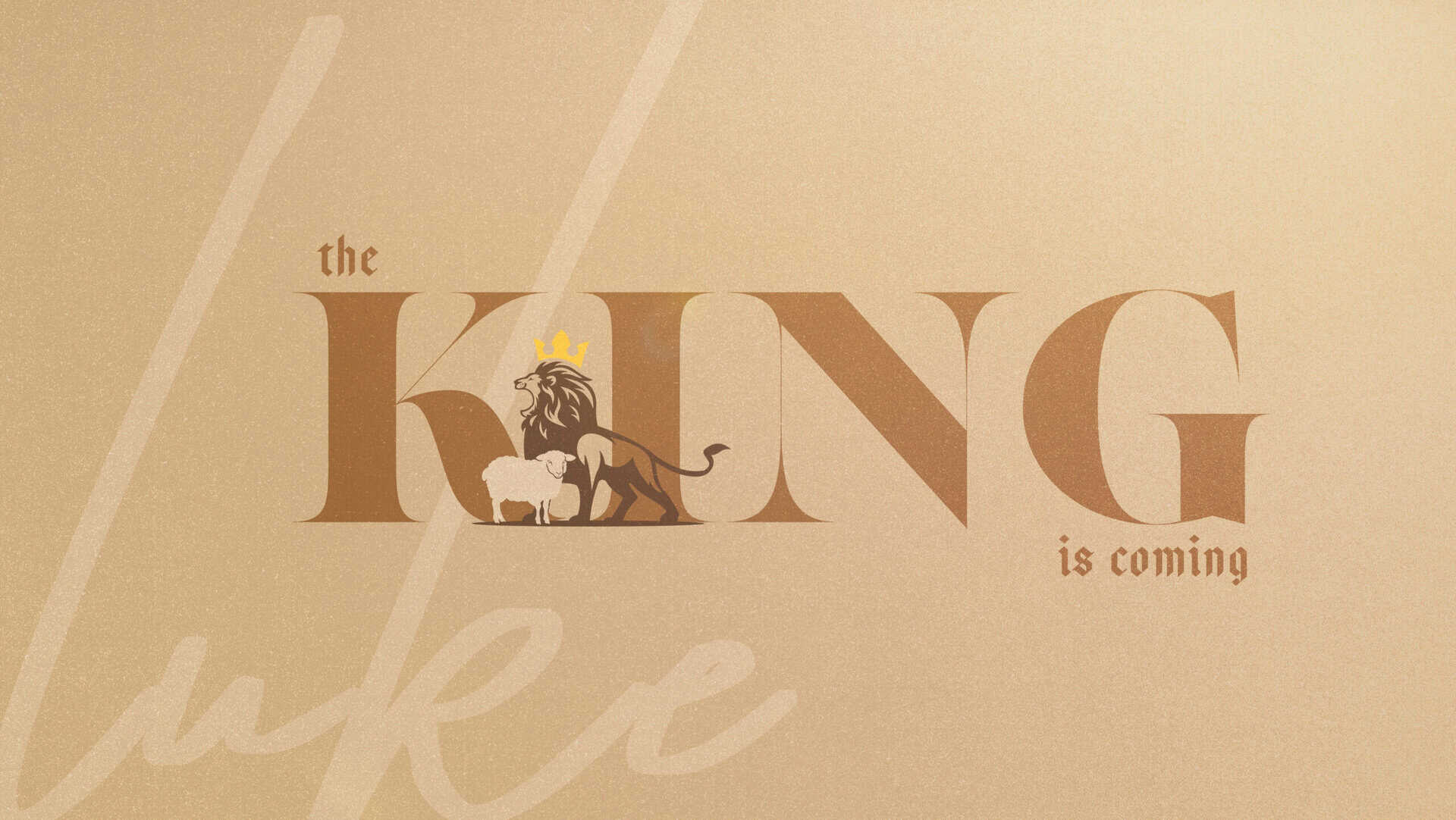 Stylized text "The KING is coming" with a crowned lion and lamb inside the word "KING" on a beige background.