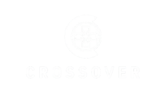 White logo with a game controller icon inside a "C" shape above the word "CROSSOVER" on a light background.