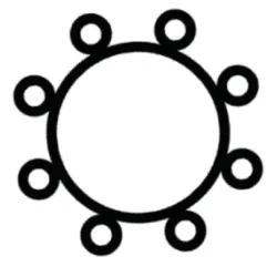 A large circle with seven smaller circles evenly spaced around its outside edge.