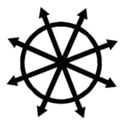 A black eight-pointed chaos star symbol with arrows radiating from a central circle.