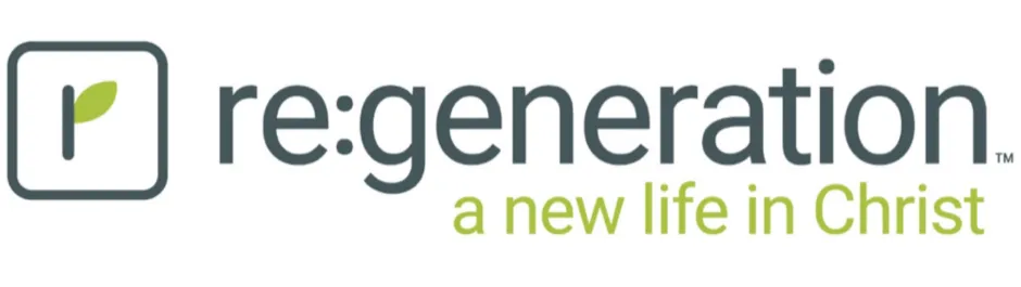 Re:generation logo with green sprout icon and the tagline "a new life in Christ" in green text.