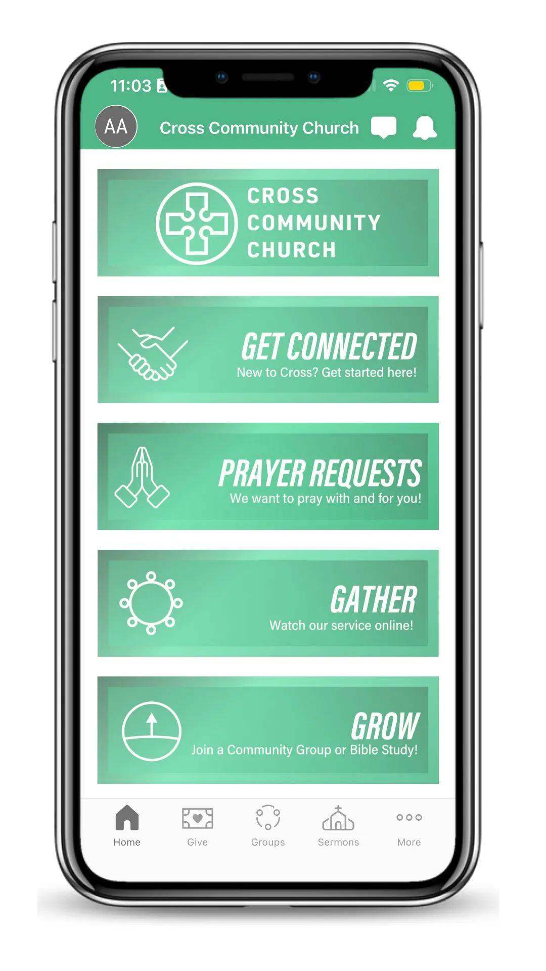 Smartphone screen showing Cross Community Church app with options: Get Connected, Prayer Requests, Gather, and Grow.