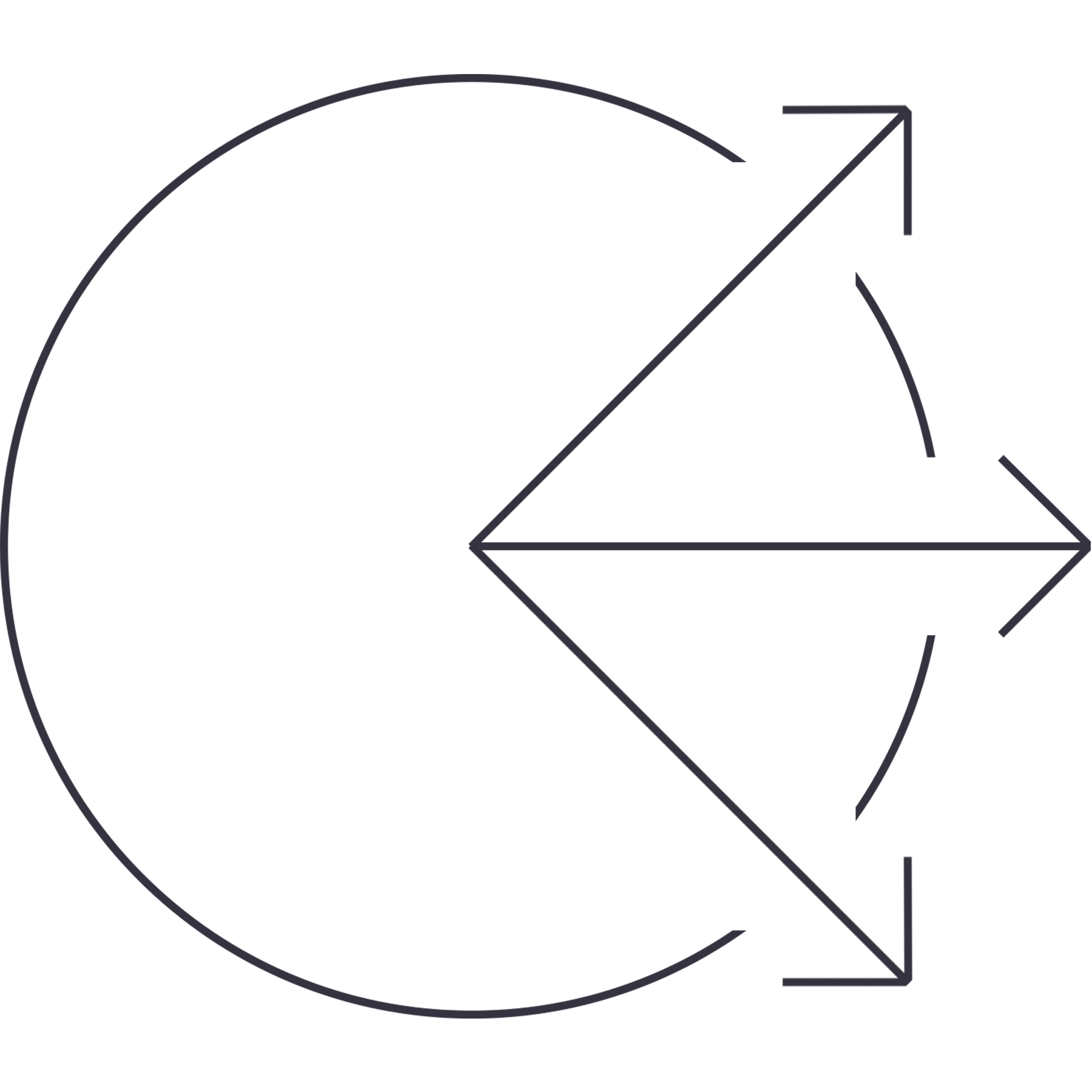 A large circle with three outward-pointing arrows forming a triangular shape on its right side.