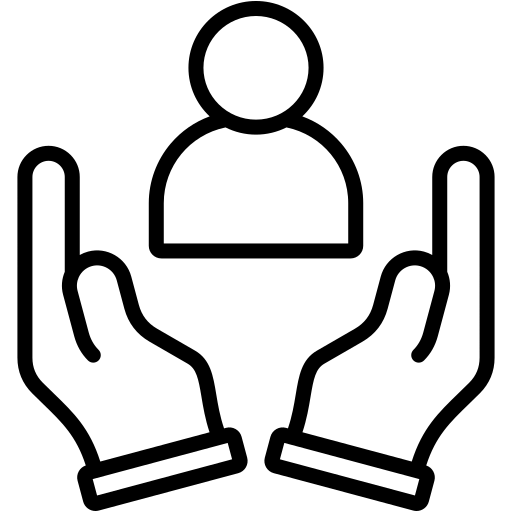 Two hands cupping around a person icon, symbolizing protection or support.