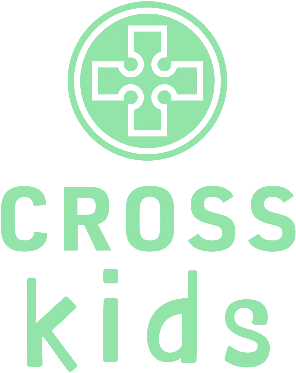 Green cross in a circle above the words "CROSS kids" in matching green text on a transparent background.