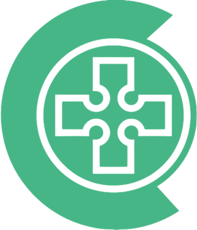 Green medical cross inside a circular shape on a light background.